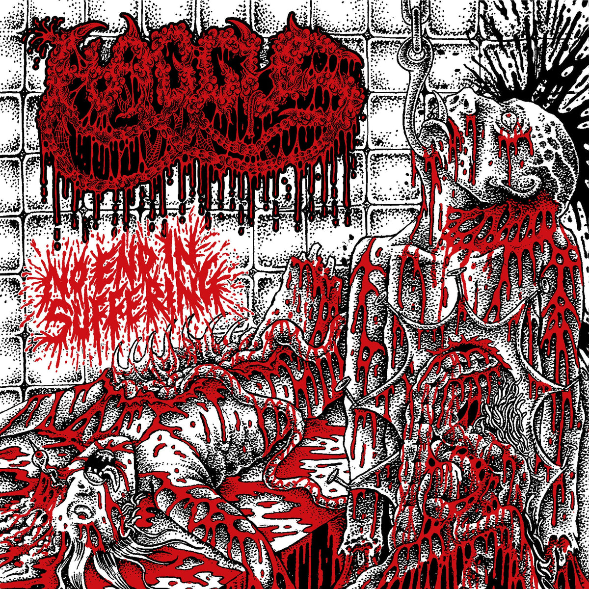 Black and white illustration with red gore, depicting violent imagery.