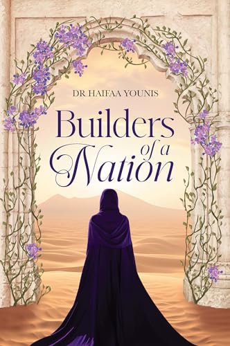 A woman in a dark purple cloak stands before a desert archway with flowers.
