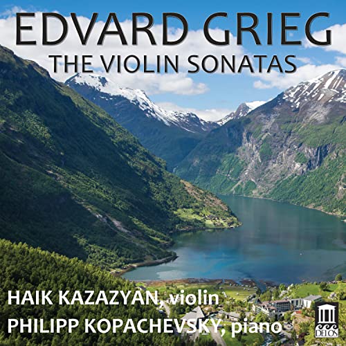 CD cover for Grieg violin sonatas, featuring a Norwegian fjord landscape.