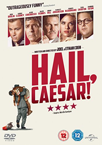 Hail, Caesar! DVD cover featuring the film title, cast portraits, and a man carrying another.