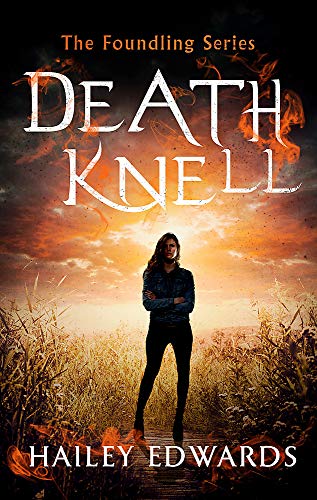 Book cover: woman in field with fiery “Death Knell” title.