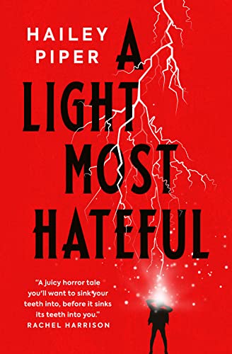 Book cover with red background, black text, and a figure struck by white lightning.