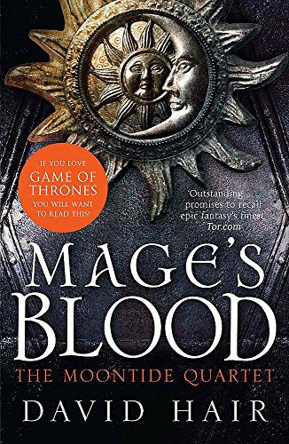 Book cover: “Mage’s Blood” with sun and moon imagery, dark background.