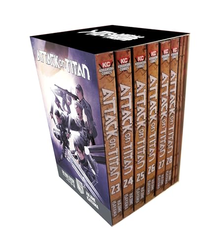 Attack on Titan manga box set with seven volumes, spines facing out.