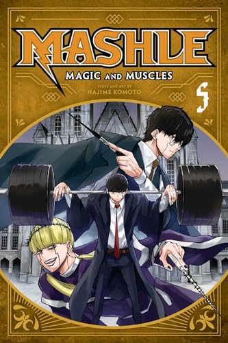 Manga cover for Mashle Volume 5 featuring characters with a barbell against a building.