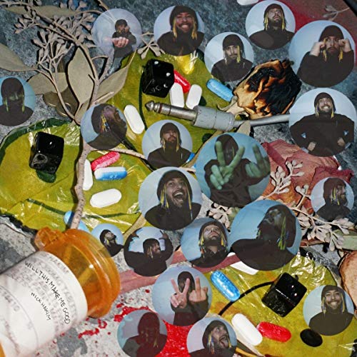 Album cover with repeating portrait of a man amidst pills and objects.
