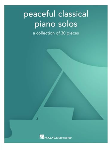 Sheet music cover for "Peaceful Classical Piano Solos" with piano silhouette.