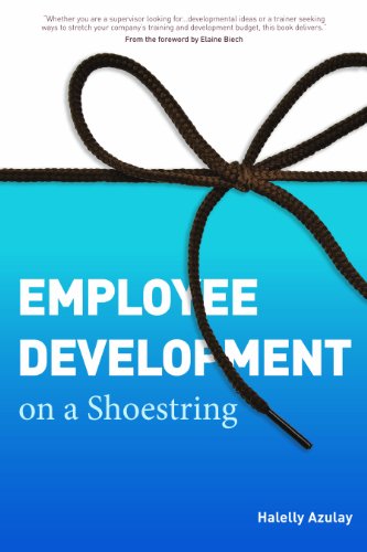 Book cover: "Employee Development on a Shoestring" with a shoelace design.