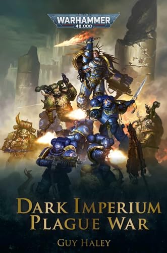 Blue space marines battle corrupted plague warriors in a dark, war-torn landscape.