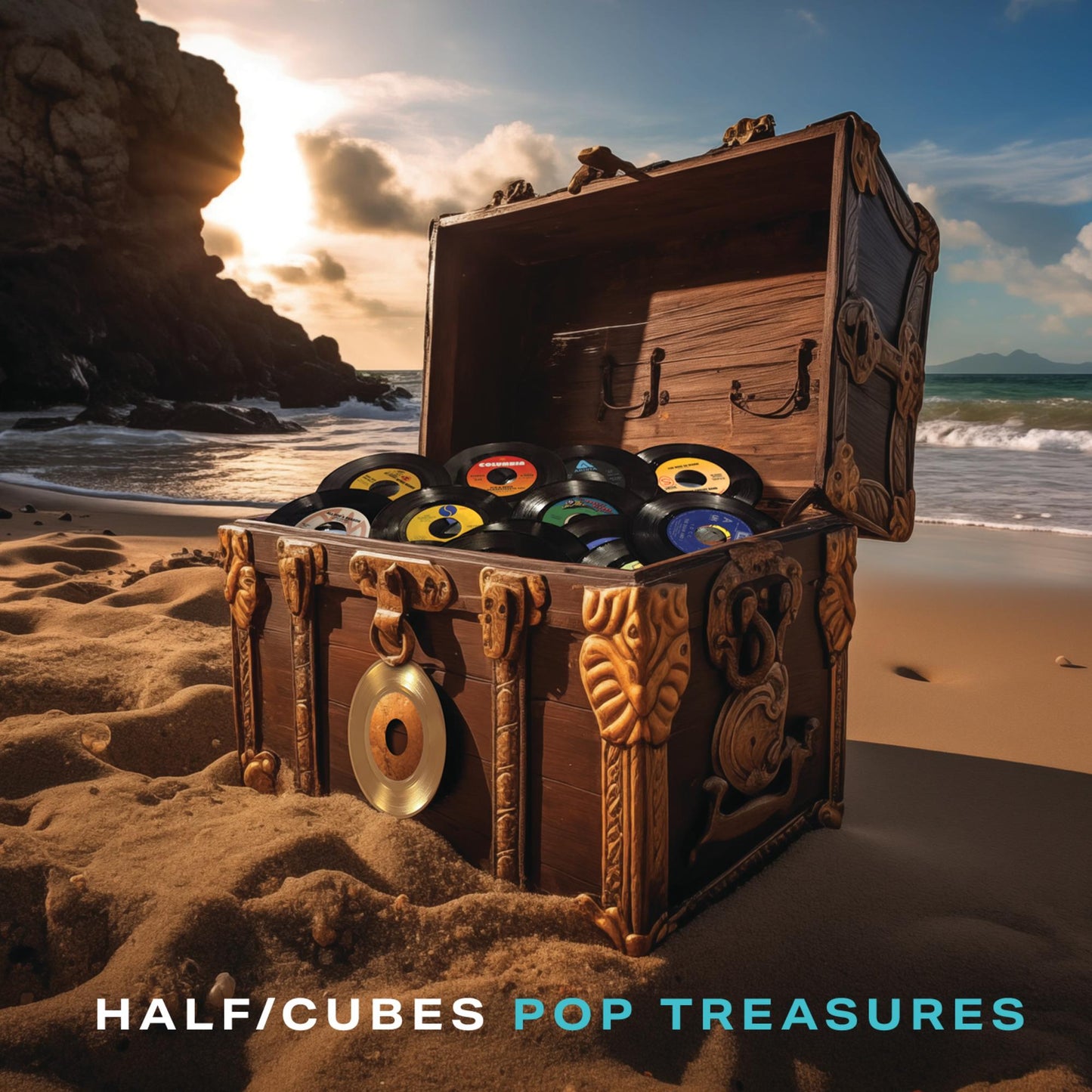 Vintage treasure chest overflowing with colorful vinyl records on a beach.