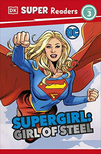 Supergirl in blue suit with red cape flying forward, book cover.