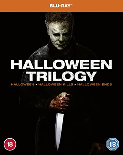 Halloween trilogy Blu-ray cover featuring Michael Myers with a knife.