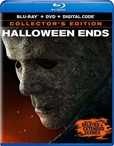Halloween Ends" Blu-ray cover featuring a close-up of Michael Myers’ mask.