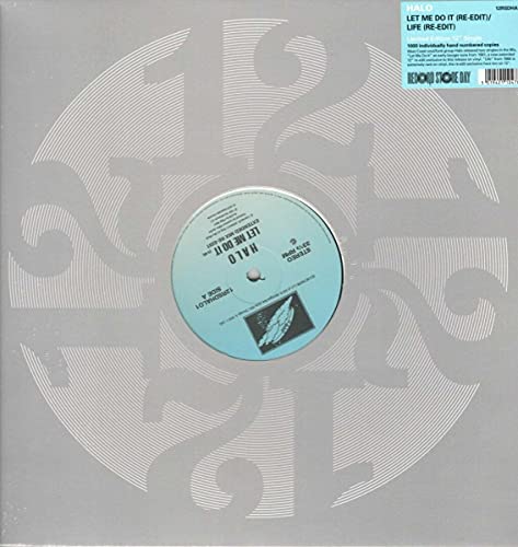Halo vinyl record in a blue sleeve with a white spiral design.