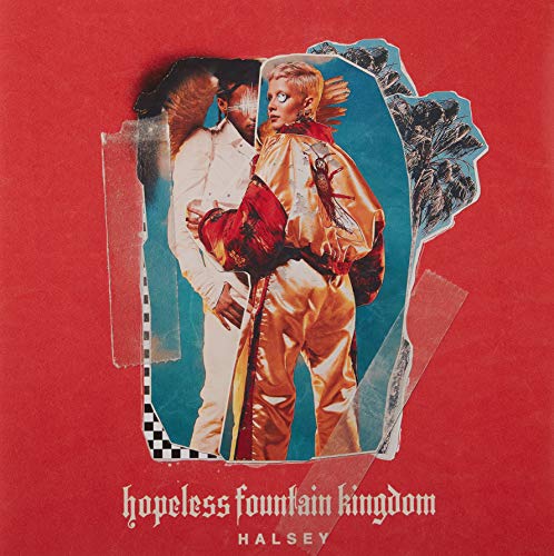 Collage-style album cover featuring Halsey on a red background with text at the bottom.