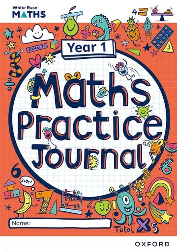 Year 1 Maths Practice Journal cover with colourful doodles and text.
