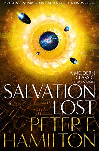 Book cover: “Salvation Lost” with a glowing, cosmic eye and dark city below.
