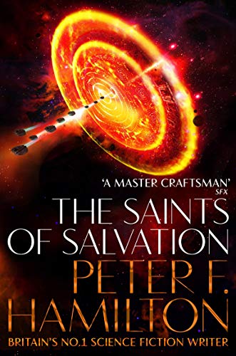 Sci-fi book cover: spaceships fly toward a fiery, swirling galaxy.