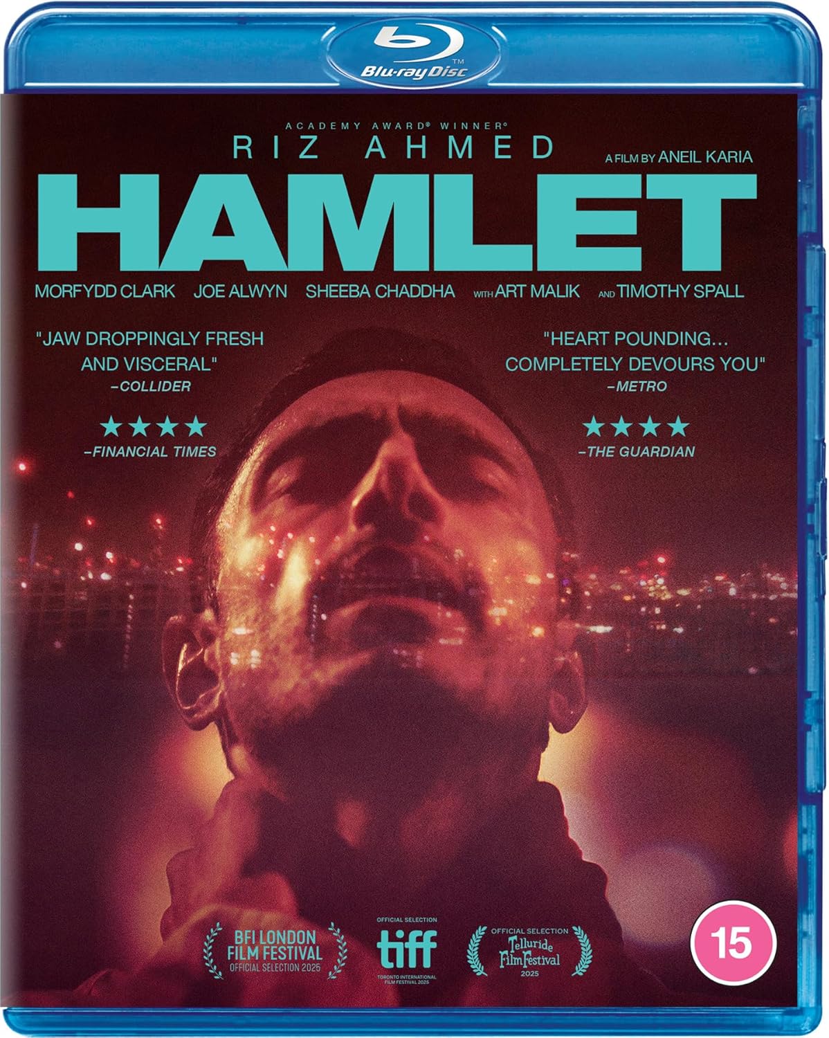 Blu-ray cover for "Hamlet" starring Riz Ahmed, with a blurred face.