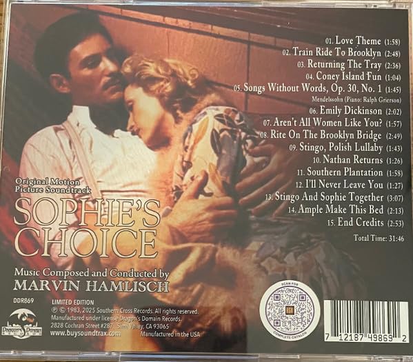 CD back cover for "Sophie's Choice" soundtrack by Marvin Hamlisch, tracklist visible.