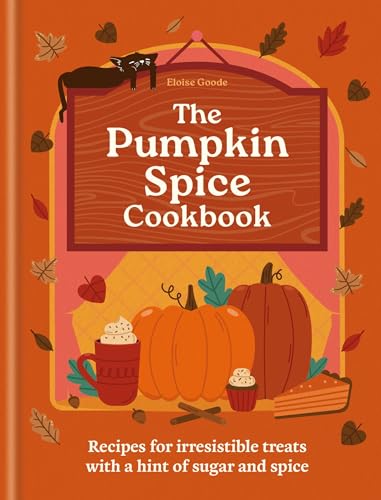 Cookbook cover with pumpkins, autumn leaves, and a black cat illustration.