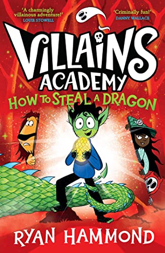 Book cover: cartoon children with a green dragon, titled "Villains Academy".