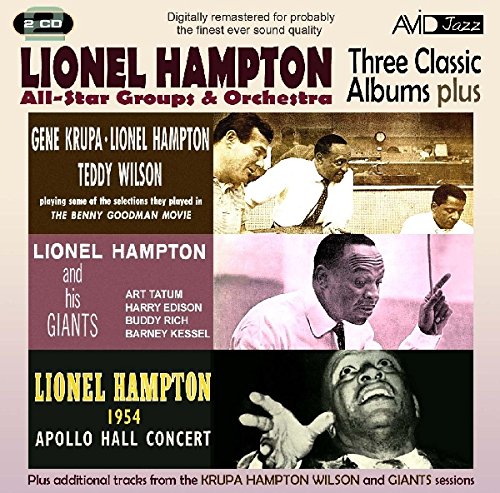 CD cover for Lionel Hampton’s jazz albums featuring musicians in performance.