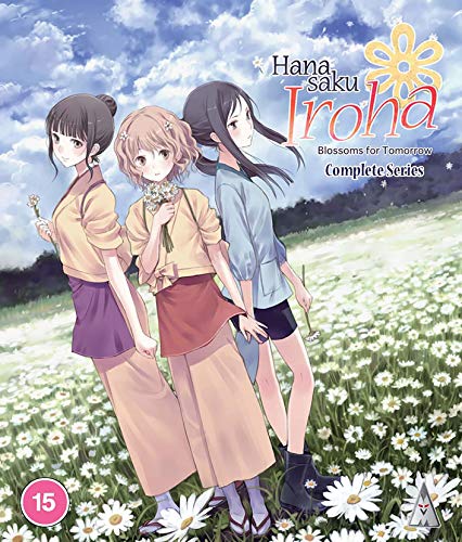 Three anime girls standing in a field of white flowers under a blue sky.
