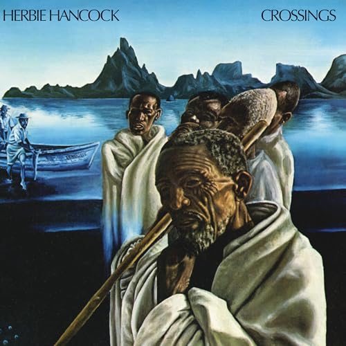 Painting of men in white robes standing by a blue lake with distant mountains.