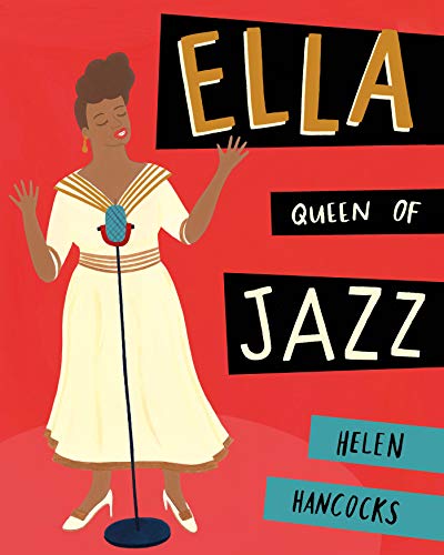 Illustration of Ella Fitzgerald singing into a microphone on a bright red background.