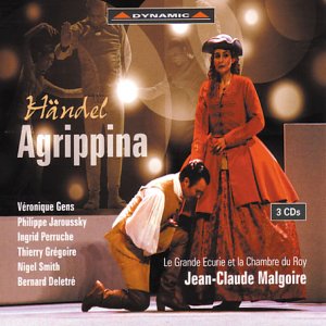 Opera cover art showing a woman in a red dress and a kneeling man.