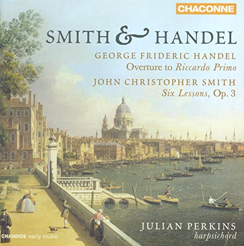 CD cover: Baroque music composers Smith & Handel, cityscape background.