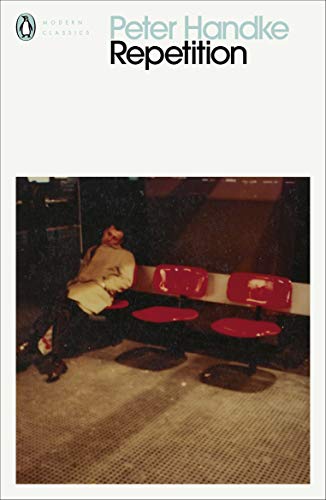 Book cover: "Repetition" by Peter Handke, showing a man and red chairs.