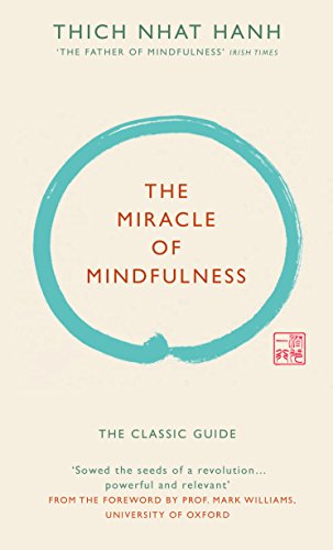 Book cover: "The Miracle of Mindfulness" with a teal circular brushstroke.