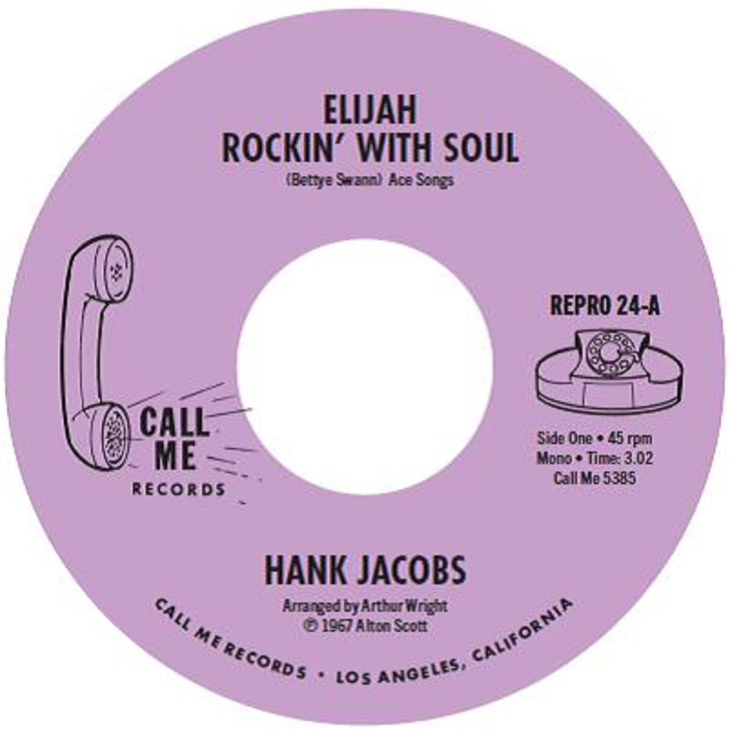 Purple vinyl record label with phone graphic, text “Hank Jacobs - Elijah Rockin’ With Soul”.