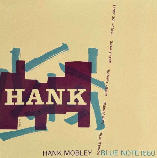 Album cover for Hank Mobley’s “Hank” with abstract blue and red shapes.