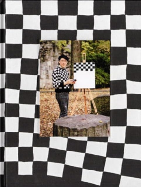 Book cover with a checkered frame and a painter with an easel.