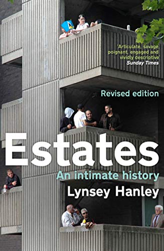 Book cover showing people standing on balconies of a grey concrete brutalist apartment building.