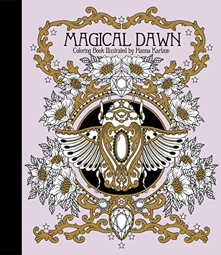 Magical Dawn coloring book cover featuring an ornate winged beetle, flowers, and gold filigree.