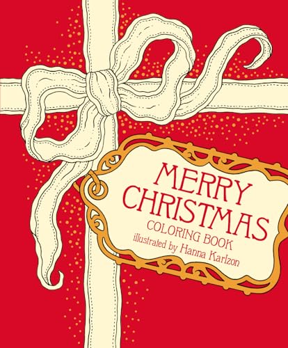 Merry Christmas Coloring Book" cover with ribbon and ornate label.