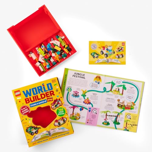 Red LEGO box with building ideas book and loose LEGO bricks displayed.