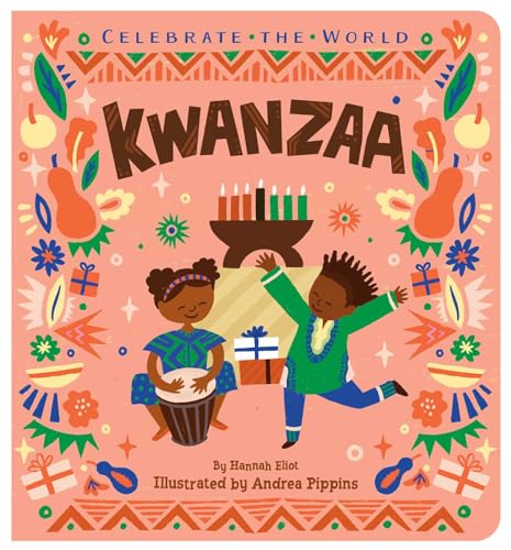 Children's book cover titled Kwanzaa featuring a kinara, a girl drumming, and a dancing boy.
