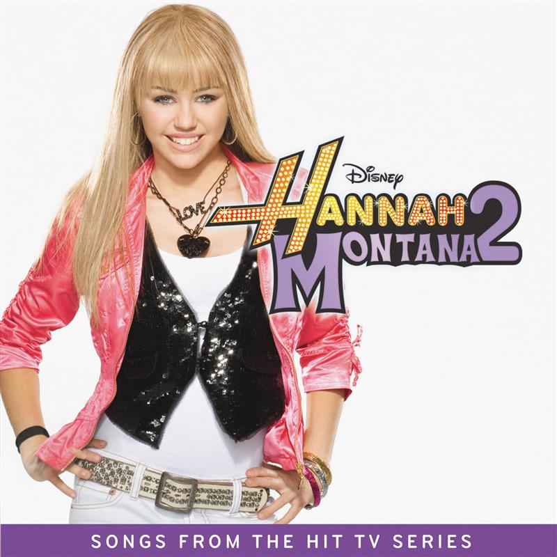 Hannah Montana 2 album cover featuring Miley Cyrus in pink and black.