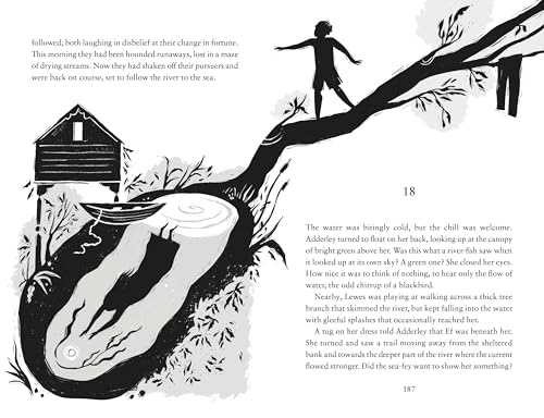 Black and white illustration of a child balancing on a tree branch over water.