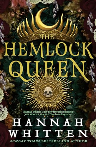 Book cover: dark floral design with gold crown, skull, and crescent moon.