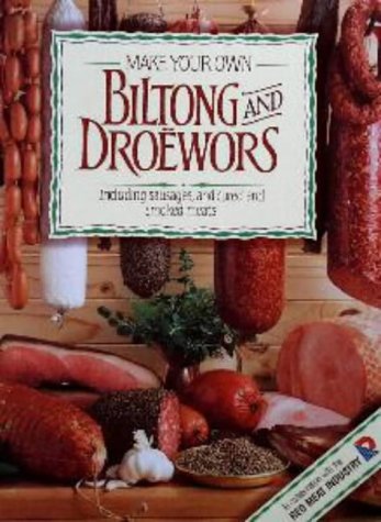Cookbook cover featuring cured meats, spices, and the title "Biltong and Droewors".