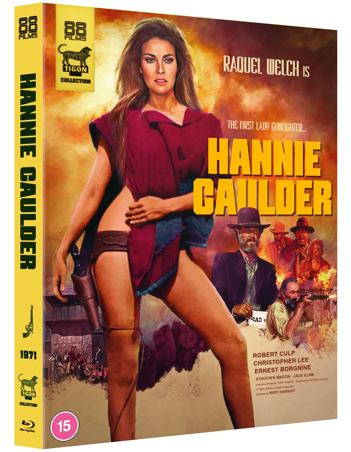 Blu-ray cover for “Hannie Caulder” featuring Raquel Welch in Western attire.