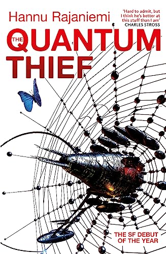 Book cover: “The Quantum Thief” with a spider and butterfly design.