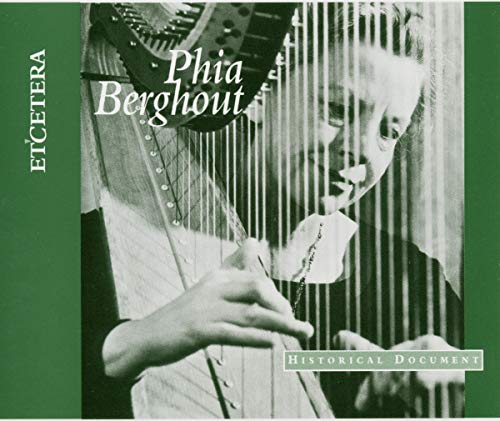 Black and white portrait of Phia Berghout playing a harp, CD cover.