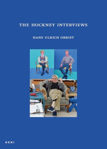 Book cover with blue background featuring David Hockney sitting in a chair.